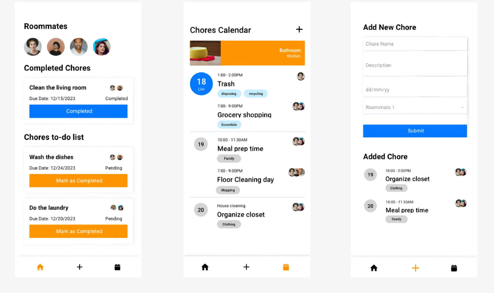 Three companion app screens: a home screen listing roommates, completed chores, and a to-do list; a chores calendar; and a form to add a new chore.