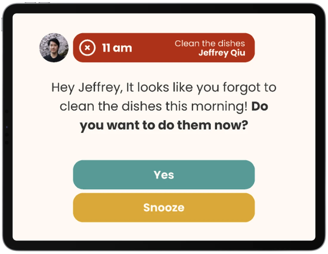 The Hudson hub on an iPad showing a reminder to Jeffrey that he forgot to clean the dishes this morning, asking if he wants to do them now, with Yes and Snooze buttons.