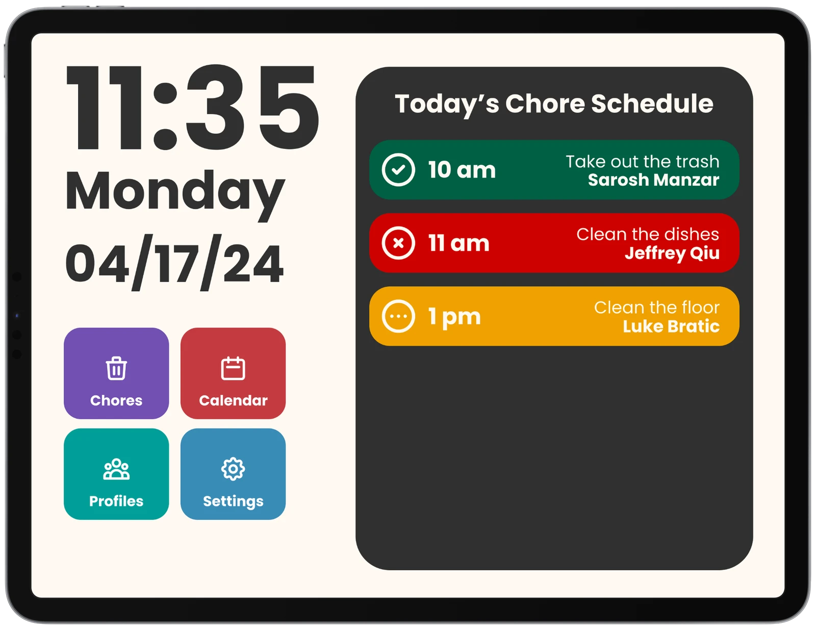 The Hudson hub on an iPad, showing the time and date, buttons for chores, calendar, profiles, and settings, and today's chore schedule with each task color-coded and marked with a status icon.