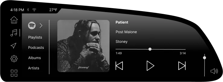 Head unit audio page with Spotify playlists, podcasts, albums, and artists, and full playback controls.