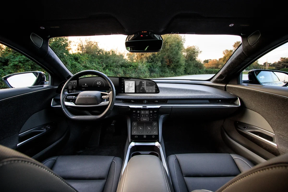 Lucid Air cabin with all four redesigned screens in place.