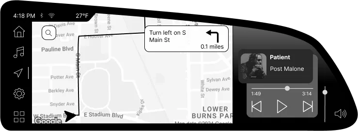 Head unit during an active route, showing a turn left instruction in 0.1 miles alongside the compact music player.