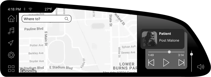 Head unit navigation landing screen with a Where to search field, a map, and a compact music player.