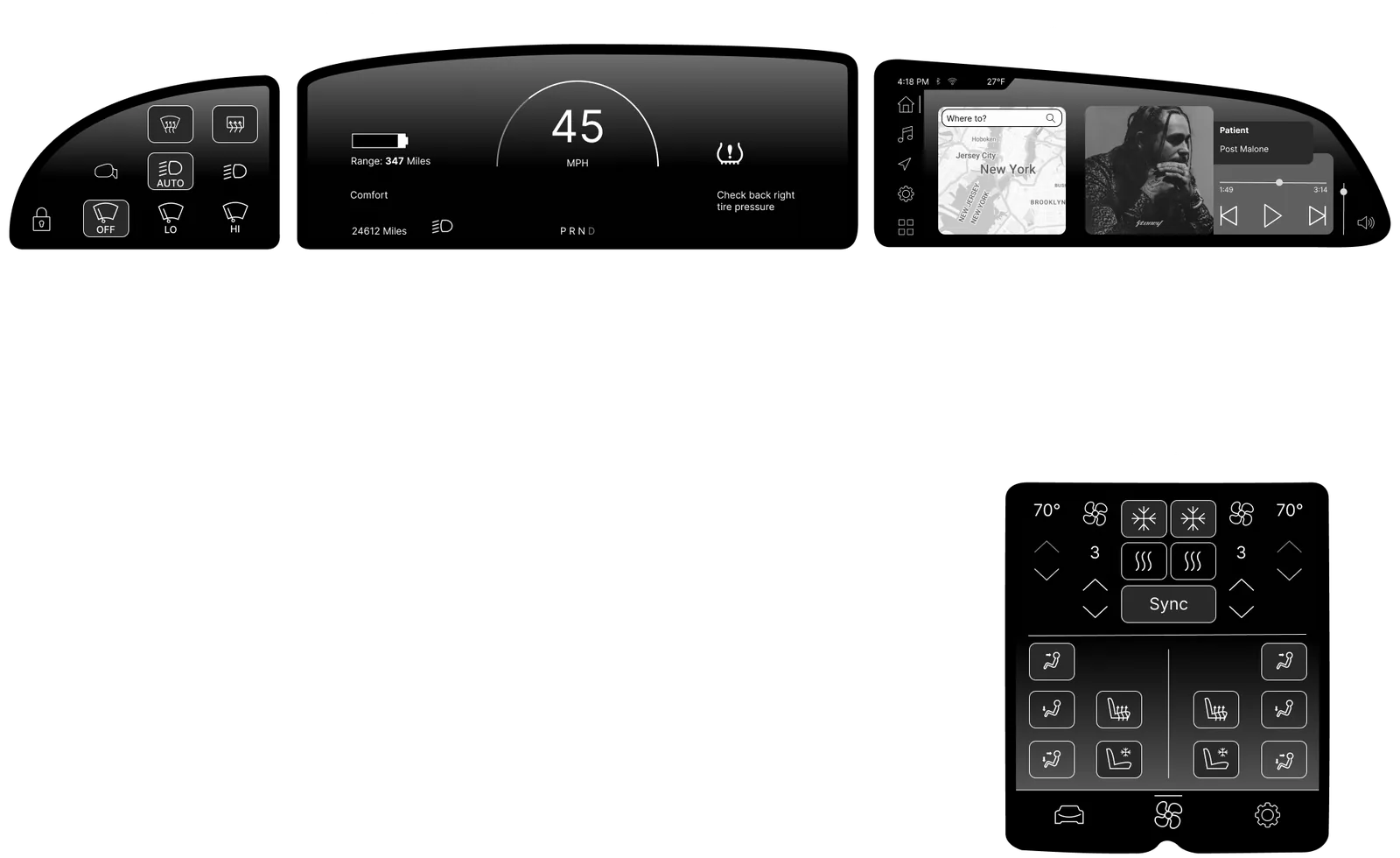 All four redesigned Lucid Air screens in their resting states: vehicle controls, a driver display showing 45 miles per hour, the head unit with navigation and music, and the sub unit with climate controls.