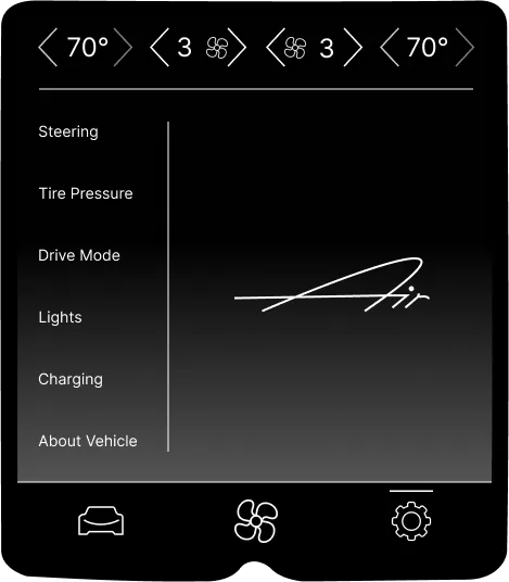 Vehicle settings landing page with options listed on the left and the Lucid Air script logo.