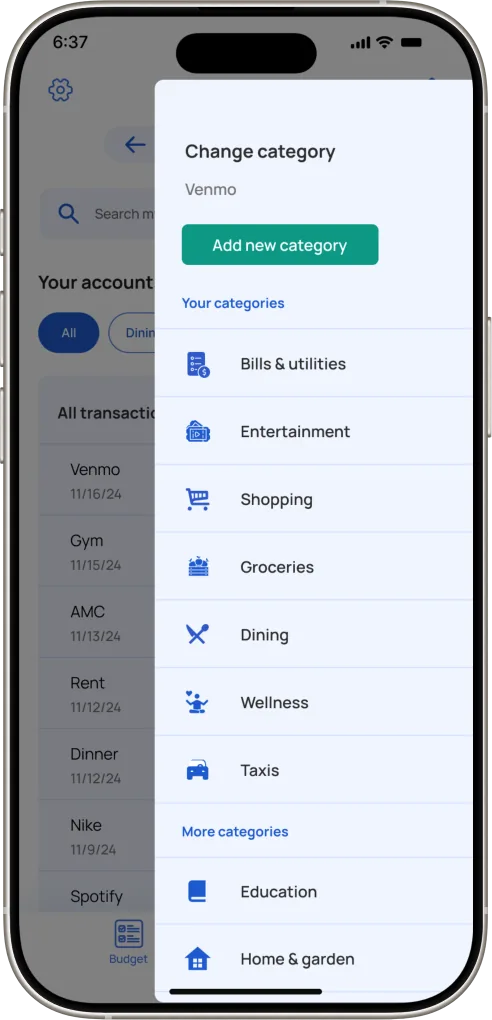 A Change category overlay listing categories like bills and utilities, dining, and groceries, with a button to add a new category.